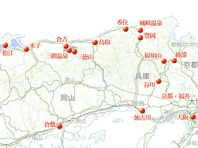 「米子、松江、三朝、初めての山陰旅」地図