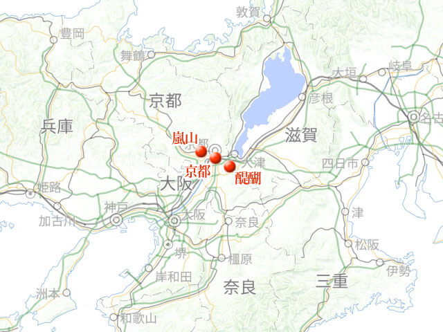 「醍醐寺、天龍寺に下鴨神社、京都寺社三昧」地図