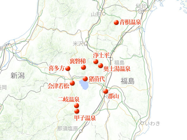 「会津磐梯、秘湯めぐりに紅葉めぐり」地図