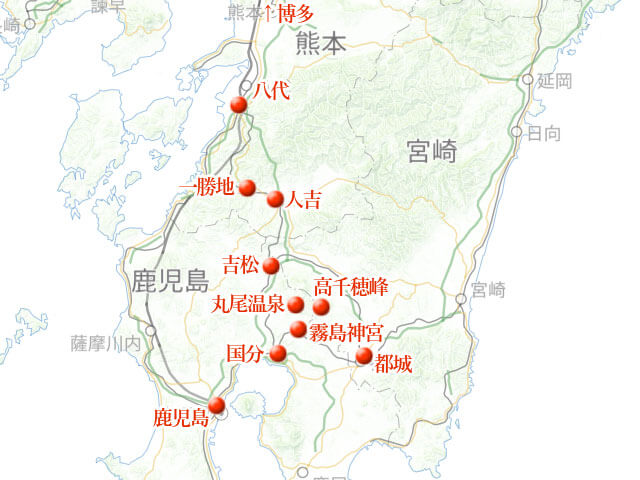 「肥薩線で霧島へ。鉄道も温泉も山登りも。」地図