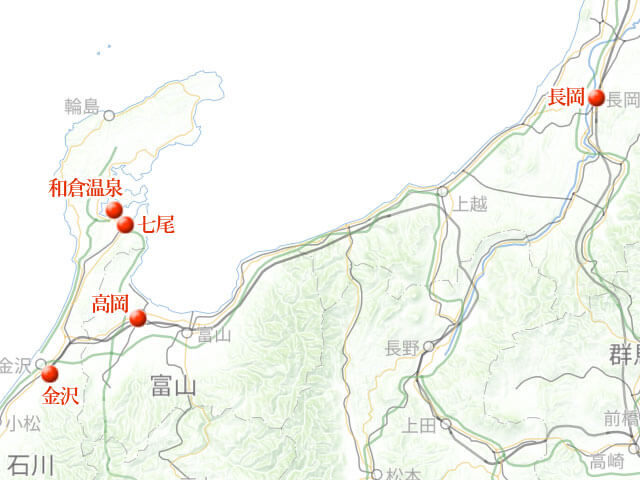 「金沢・能登・北陸、帰省がてらの王道観光」地図