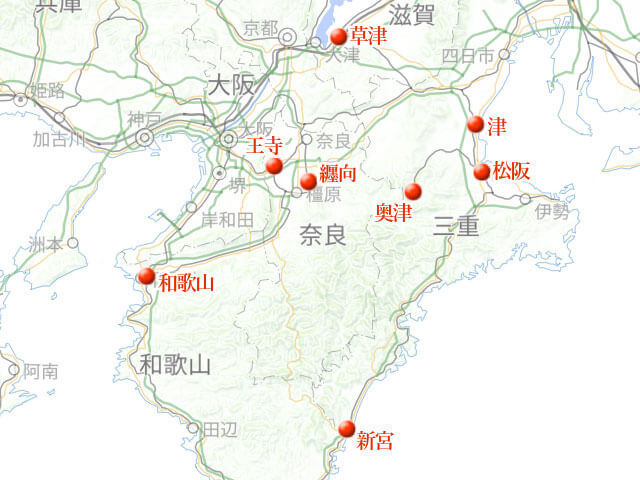 「南紀をまわって三重へ。夜行列車乗り継ぎ」地図