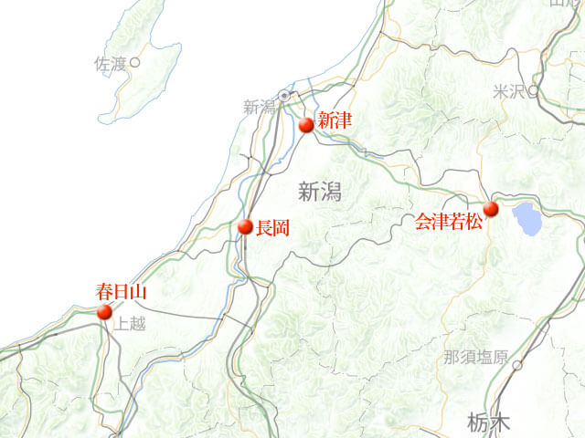 「春日山、さらに磐越西線を通りぬけて会津へ」地図