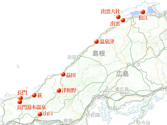 「萩・津和野、山陰の小京都を訪ねて」地図