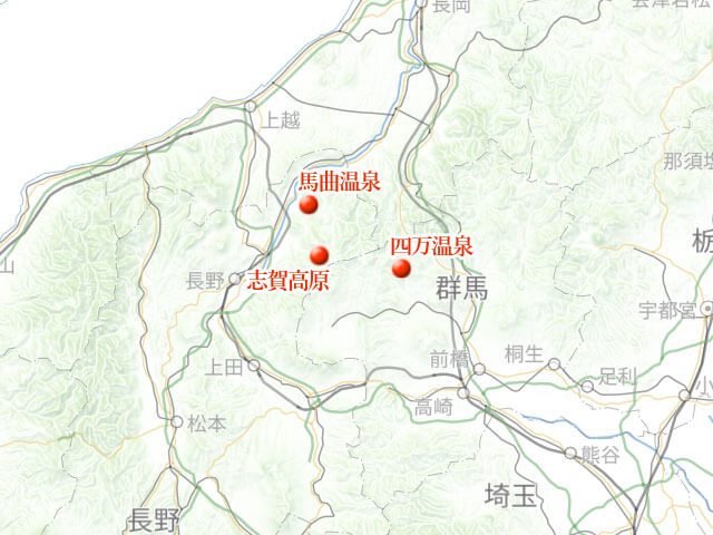 「望郷の馬曲温泉に四万温泉、日帰り温泉旅」地図