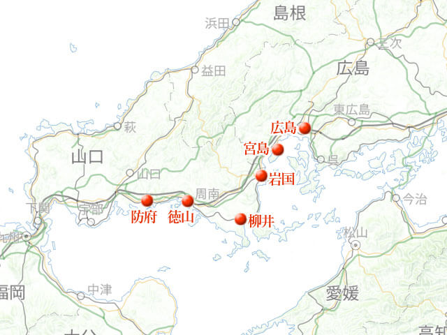 「瀬戸内の町々。宮島まで鹿に会いに」地図