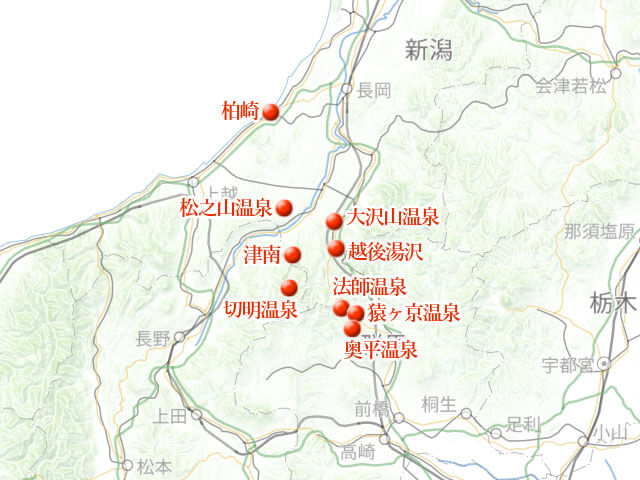 「目指せ日本海！　越後は秘湯の宿めぐり」地図