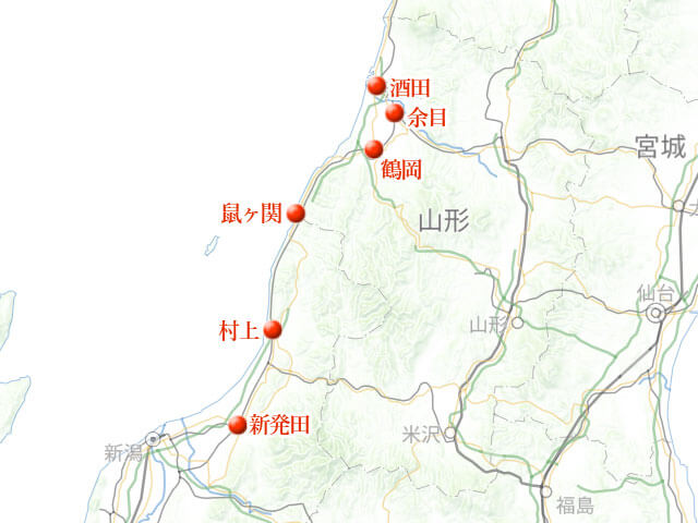 「鶴岡・酒田、豪商たちの豪邸めぐり」地図