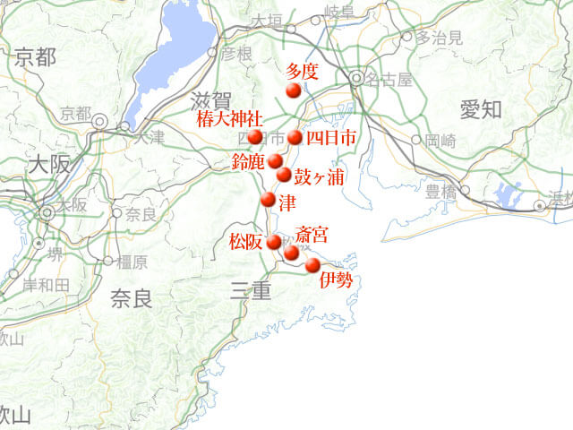 「お多度もかけるぜ伊勢参り。鈴鹿に松阪も」地図