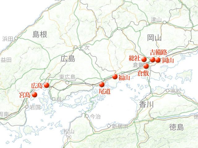 「瀬戸内の巨石を訪ねて。倉敷～宮島」地図