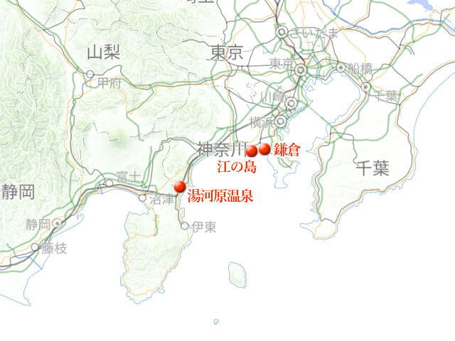 「子連れ江の島、湯河原温泉で一升餅背負って」地図